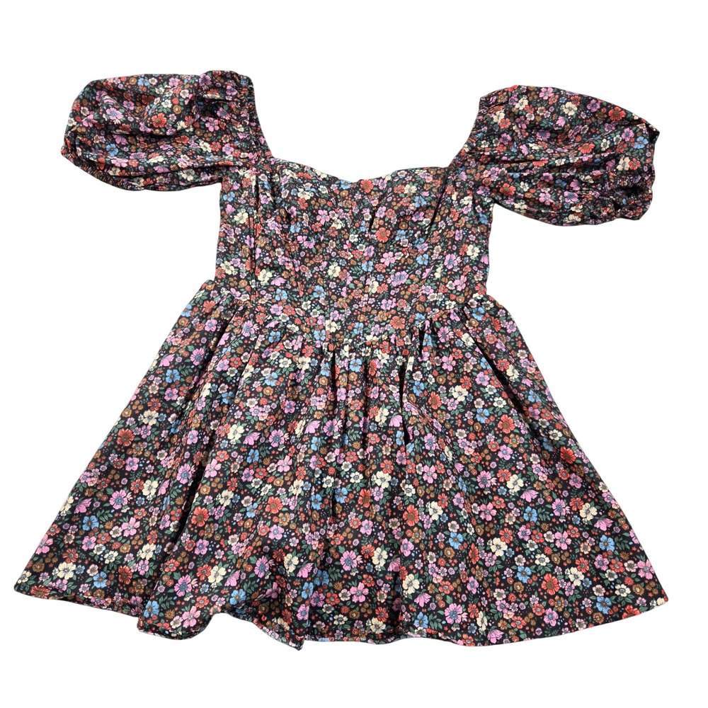 Buddy Love Romeo Mini Dress Small Black Floral Multi Puff Sleeve Sweetheart Neck